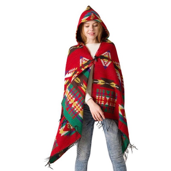 Geometric hooded batwing poncho shawl - Picture 1 of 8